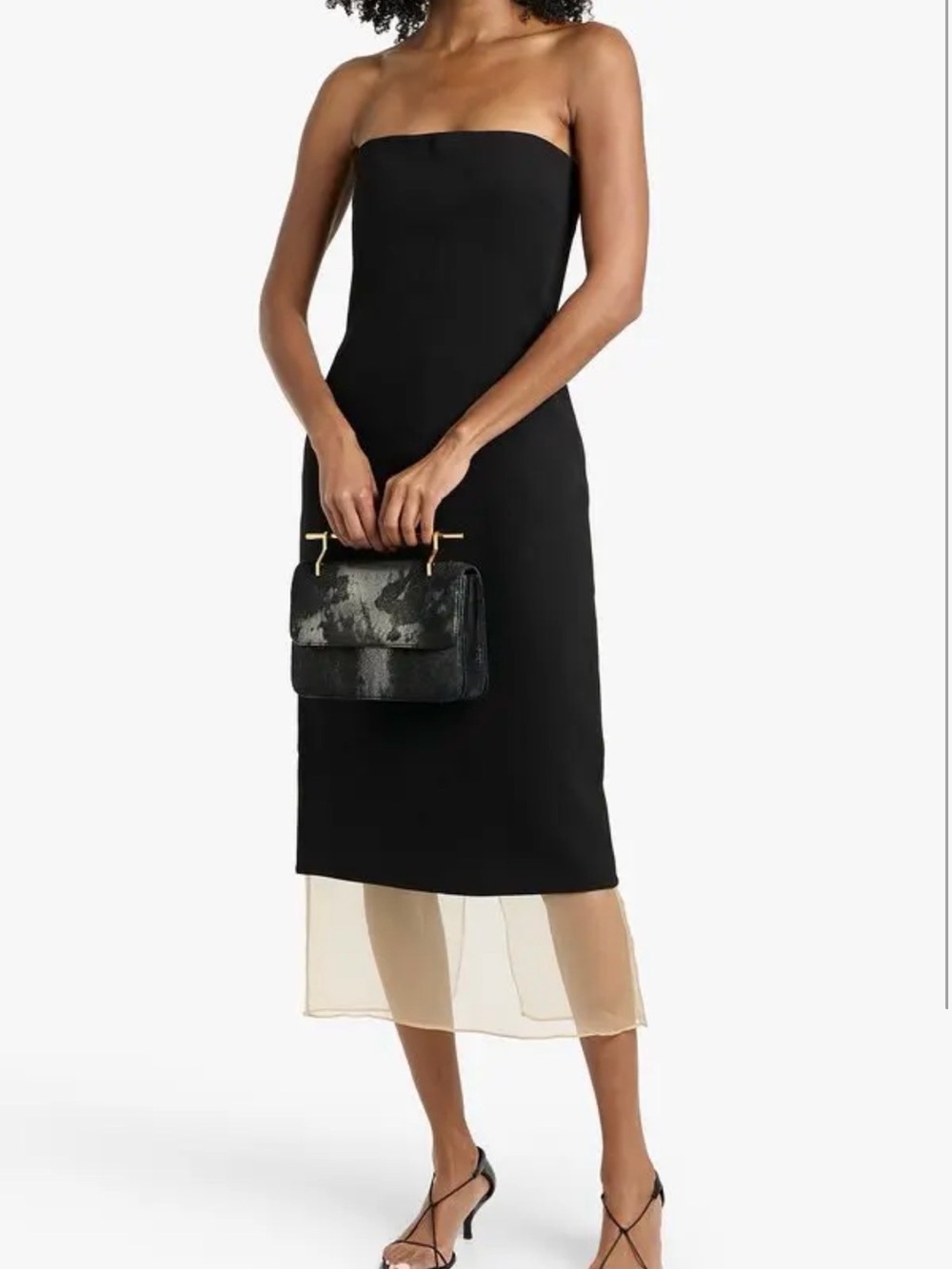 Strapless Black Midi Dress with Sheer Hem